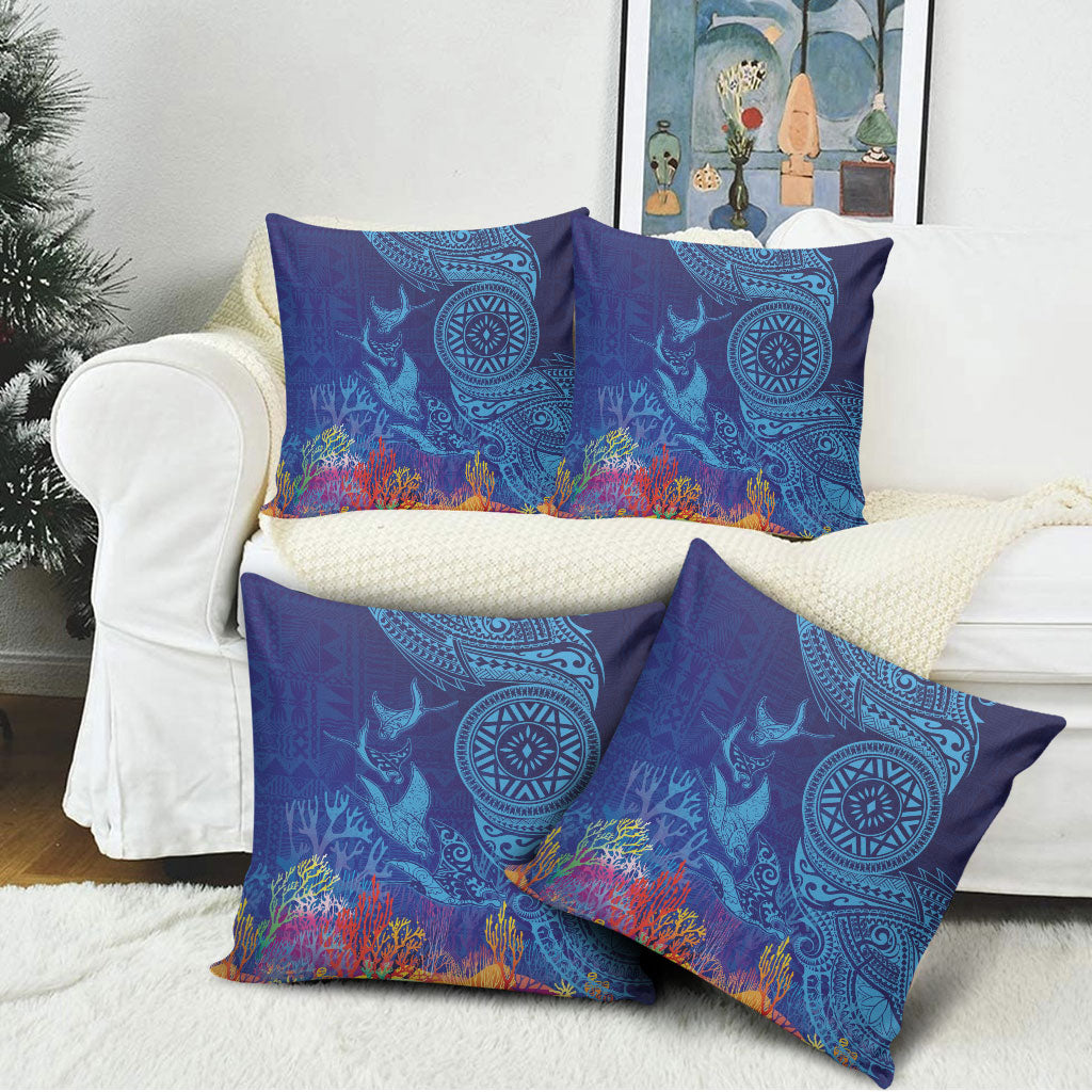 Fijian Tribal Manta Ray Pillow Cover Masi Motif with Coral Reef Ocean Vibe LT03 - Polynesian Pride