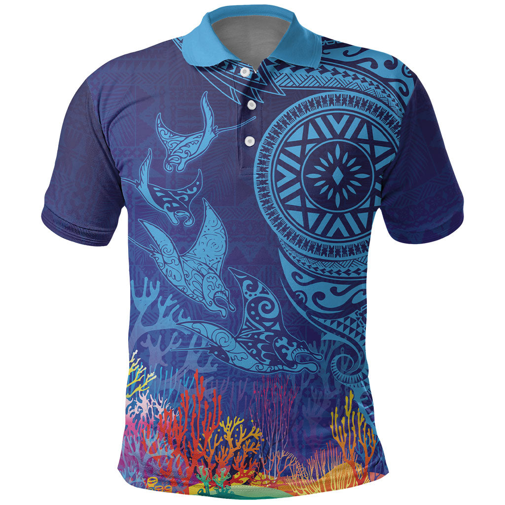 Fijian Tribal Manta Ray Polo Shirt Masi Motif with Coral Reef Ocean Vibe