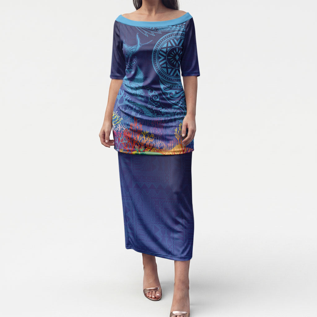 Fijian Tribal Manta Ray Puletasi Masi Motif with Coral Reef Ocean Vibe LT03 Long Dress Blue - Polynesian Pride