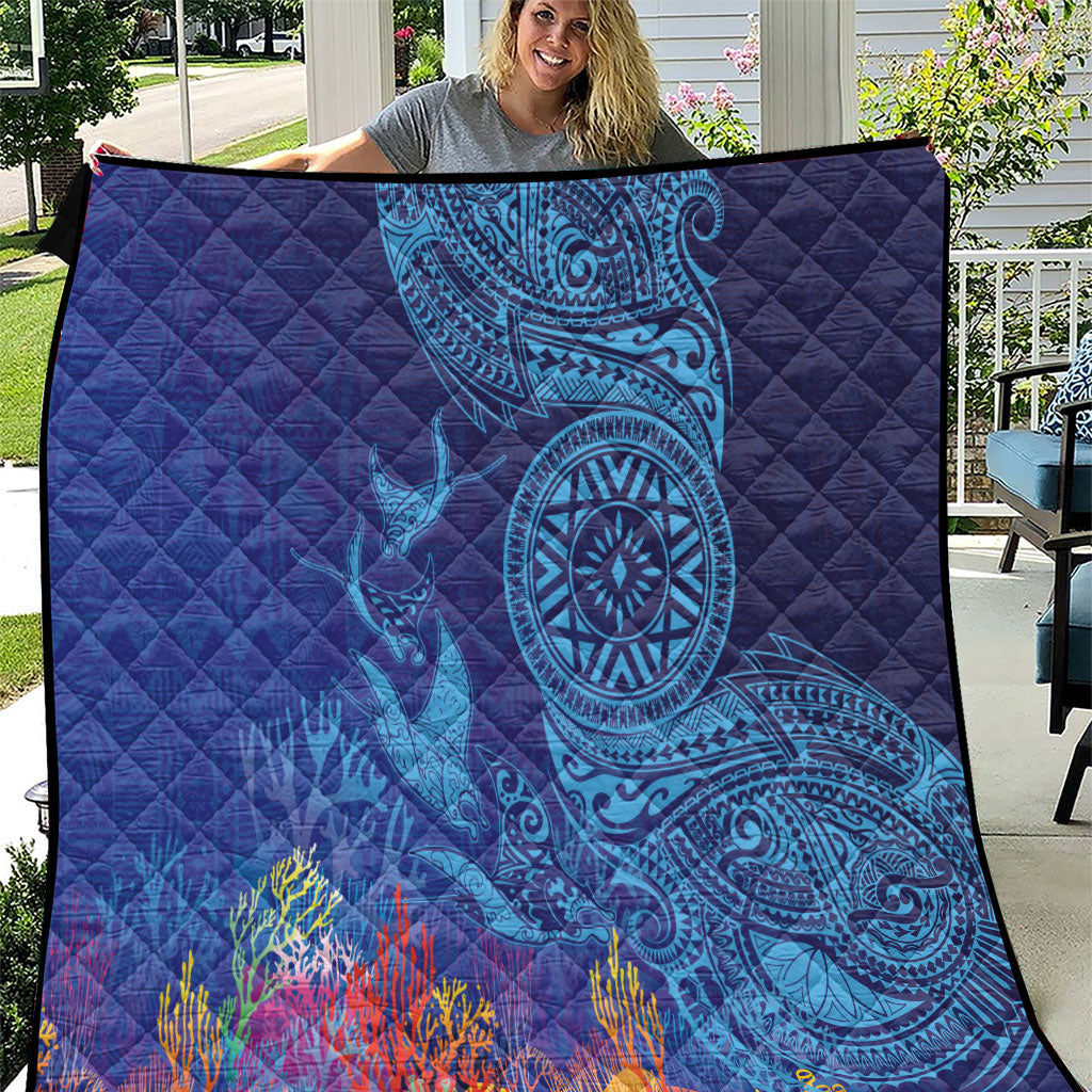 Fijian Tribal Manta Ray Quilt Masi Motif with Coral Reef Ocean Vibe LT03 Blue - Polynesian Pride