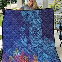 Fijian Tribal Manta Ray Quilt Masi Motif with Coral Reef Ocean Vibe LT03 Blue - Polynesian Pride