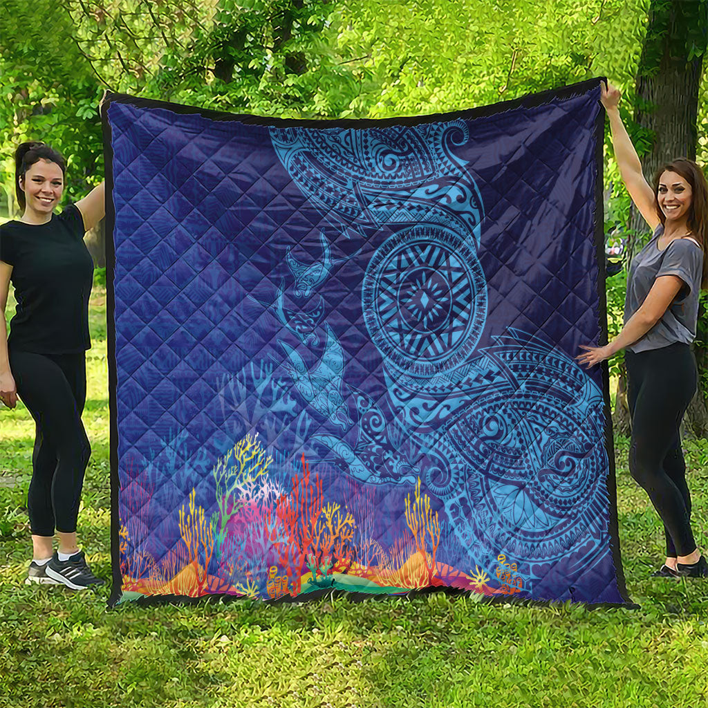 Fijian Tribal Manta Ray Quilt Masi Motif with Coral Reef Ocean Vibe LT03 - Polynesian Pride