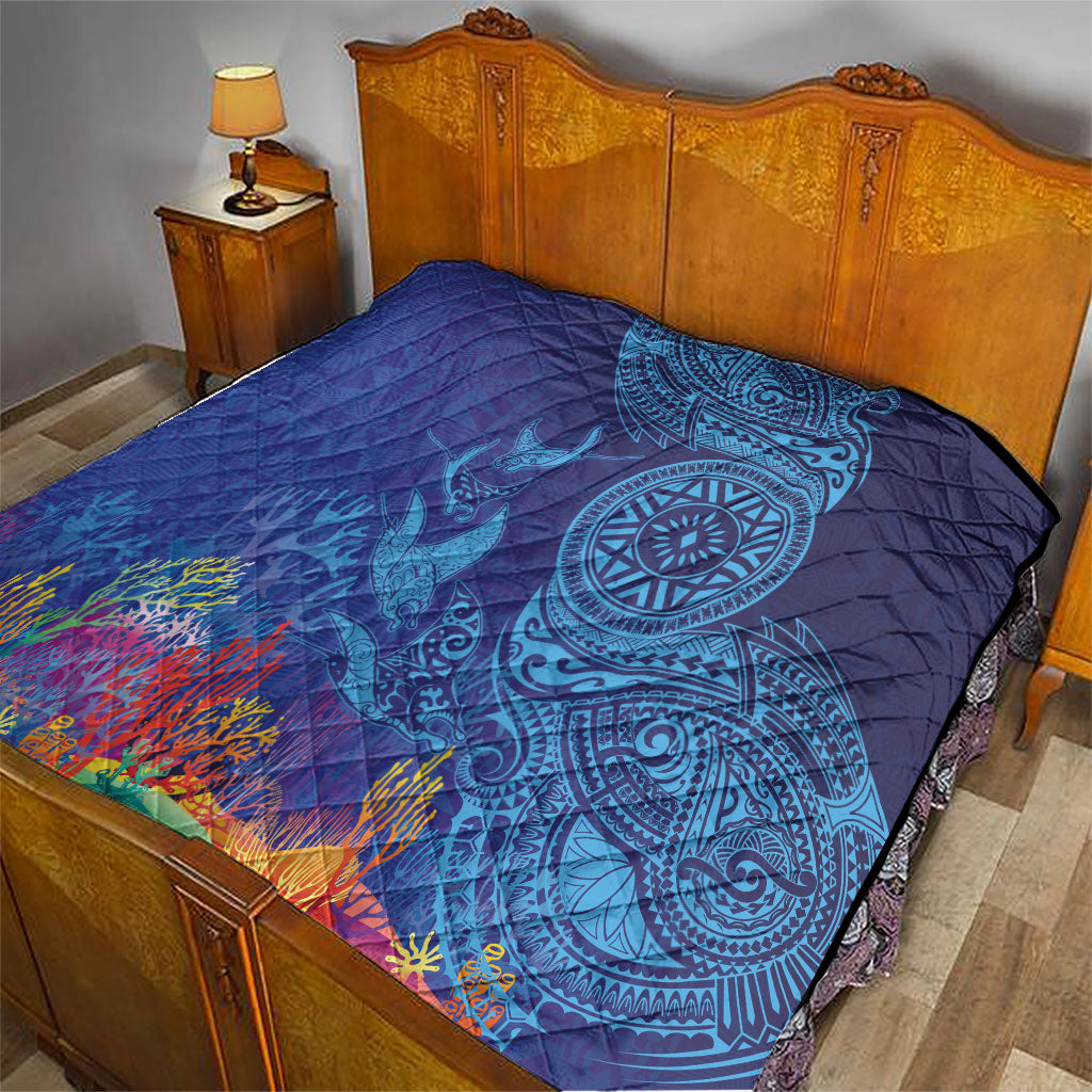 Fijian Tribal Manta Ray Quilt Masi Motif with Coral Reef Ocean Vibe LT03 - Polynesian Pride