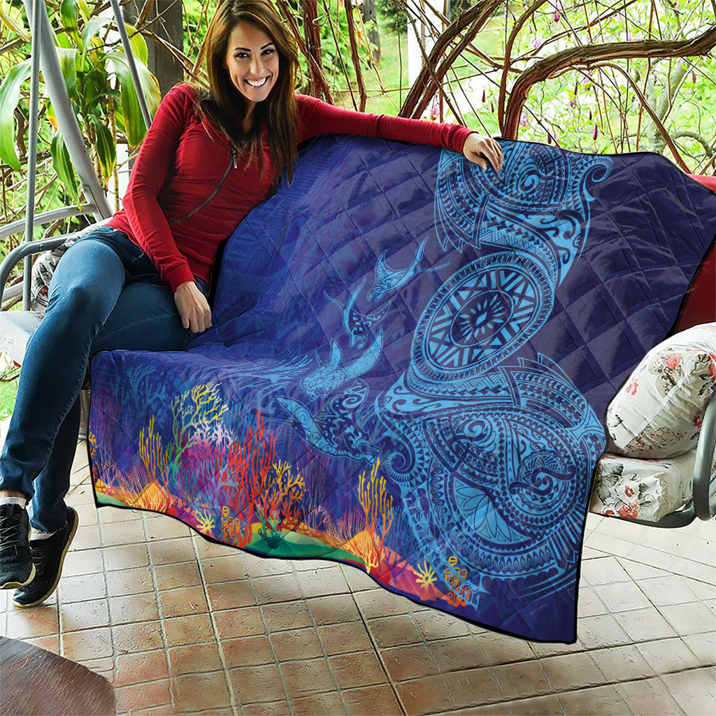 Fijian Tribal Manta Ray Quilt Masi Motif with Coral Reef Ocean Vibe LT03 - Polynesian Pride
