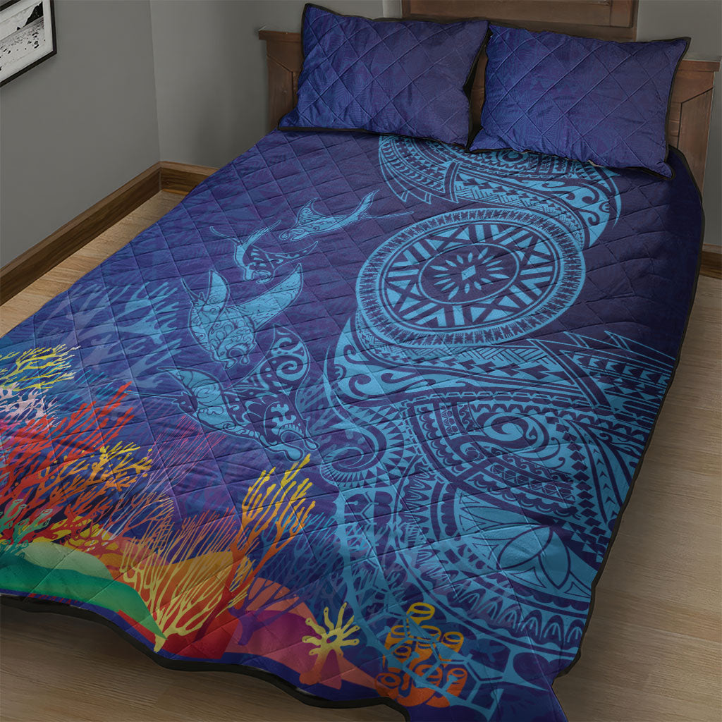 Fijian Tribal Manta Ray Quilt Bed Set Masi Motif with Coral Reef Ocean Vibe LT03 - Polynesian Pride