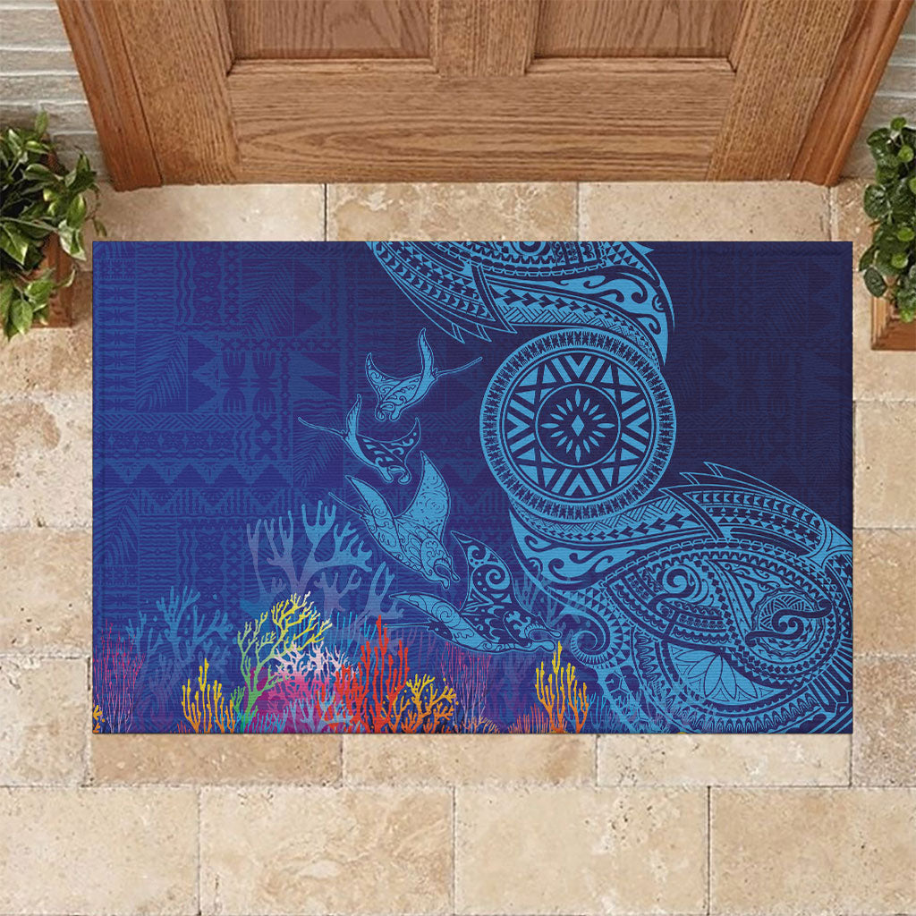 Fijian Tribal Manta Ray Rubber Doormat Masi Motif with Coral Reef Ocean Vibe LT03 Blue - Polynesian Pride