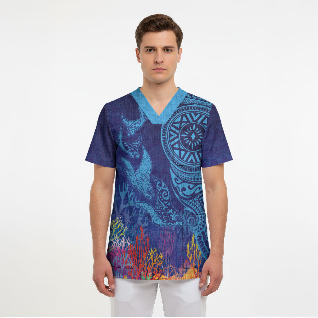 Fijian Tribal Manta Ray Scrub Top Masi Motif with Coral Reef Ocean Vibe LT03 - Polynesian Pride