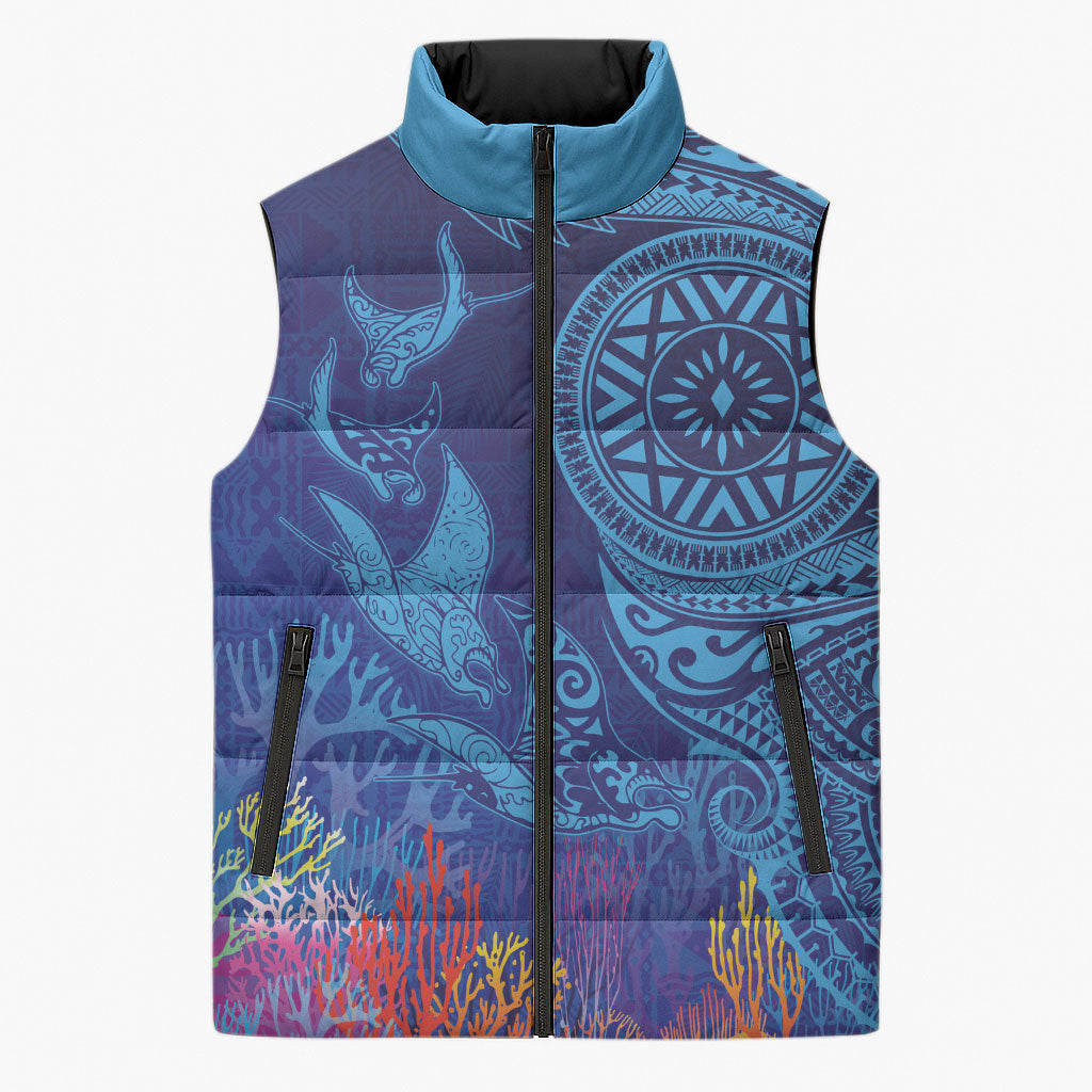 Fijian Tribal Manta Ray Sleeveless Puffer Jacket Masi Motif with Coral Reef Ocean Vibe LT03 Unisex Blue - Polynesian Pride