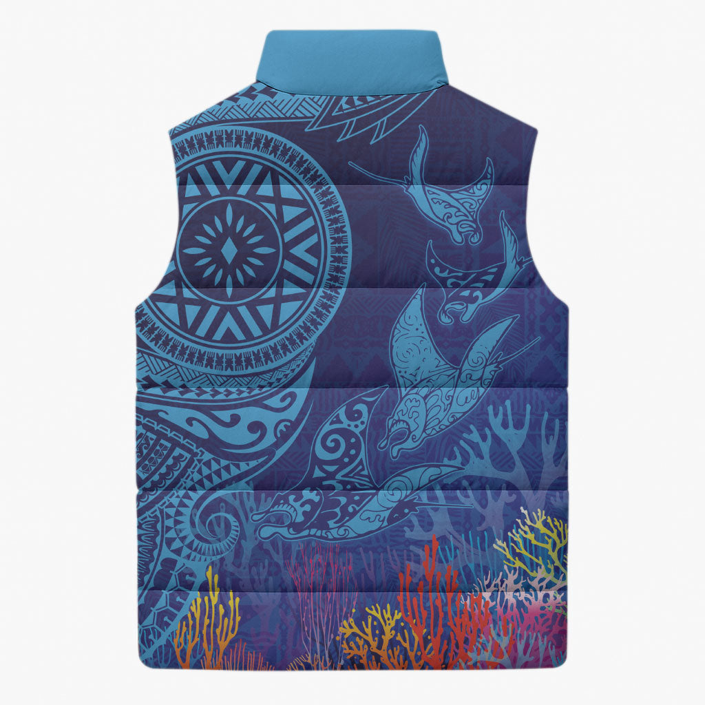 Fijian Tribal Manta Ray Sleeveless Puffer Jacket Masi Motif with Coral Reef Ocean Vibe LT03 - Polynesian Pride