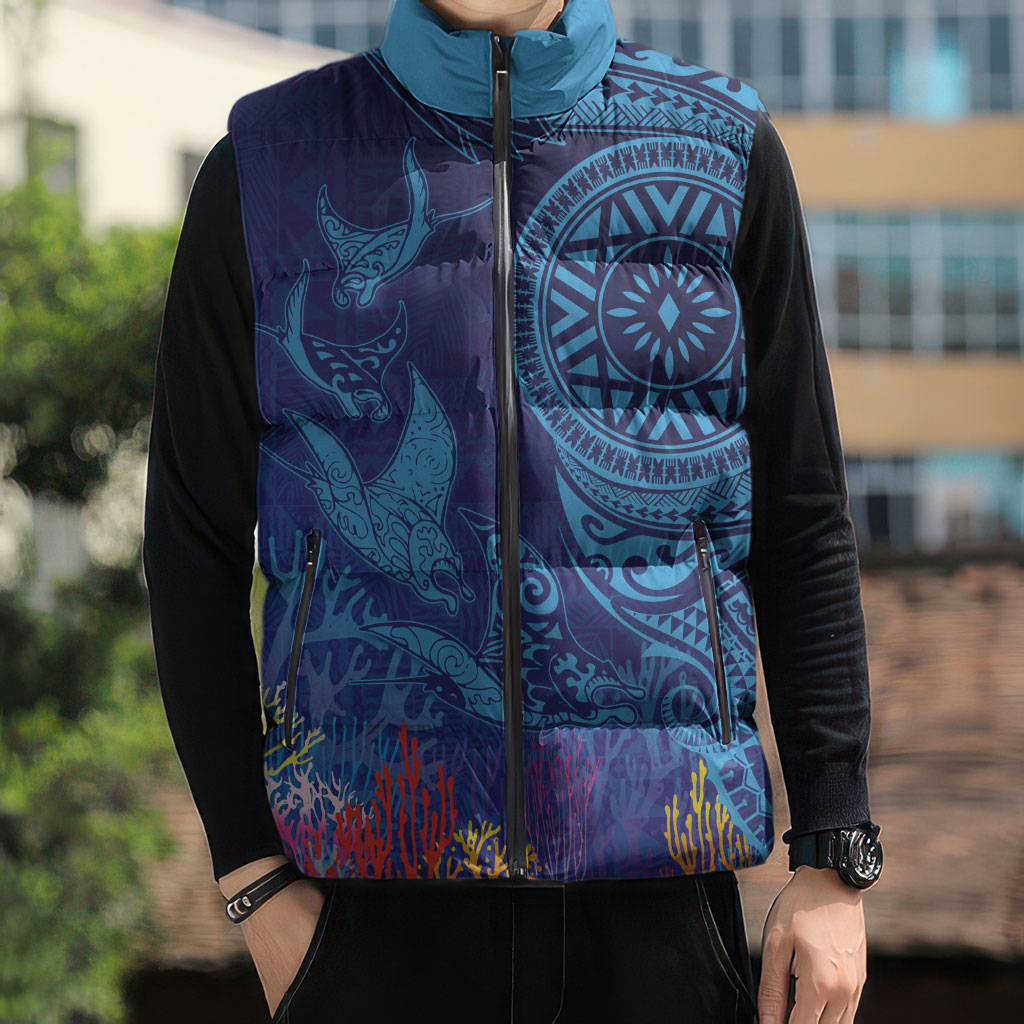 Fijian Tribal Manta Ray Sleeveless Puffer Jacket Masi Motif with Coral Reef Ocean Vibe LT03 - Polynesian Pride
