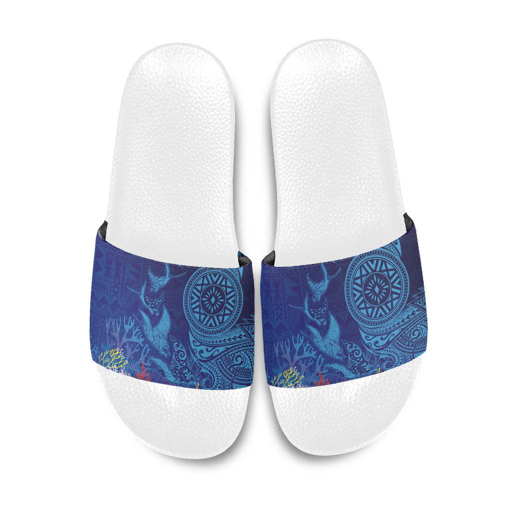 Fijian Tribal Manta Ray Slide Sandals Masi Motif with Coral Reef Ocean Vibe LT03 Blue - Polynesian Pride