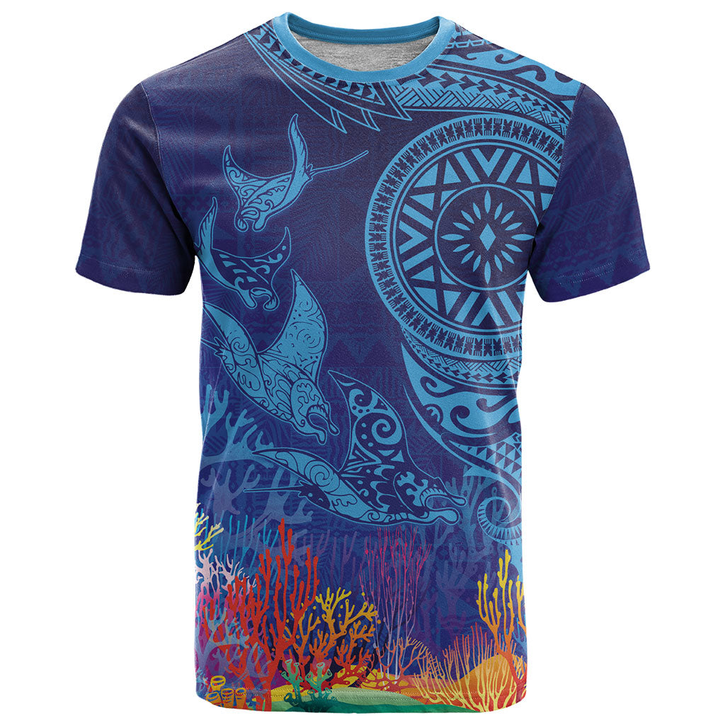 Fijian Tribal Manta Ray T Shirt Masi Motif with Coral Reef Ocean Vibe LT03 Blue - Polynesian Pride