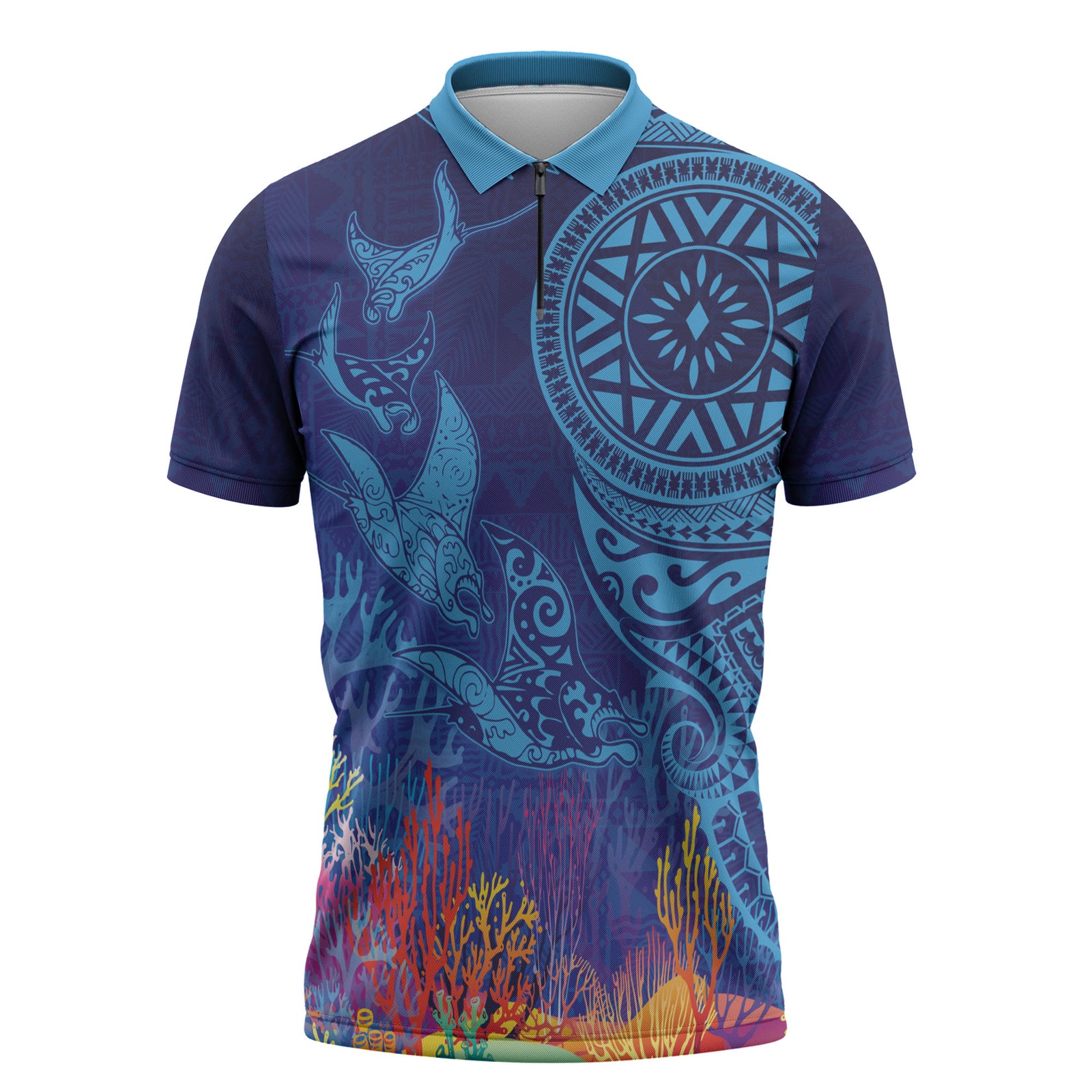 Fijian Tribal Manta Ray Zipper Polo Shirt Masi Motif with Coral Reef Ocean Vibe LT03 Blue - Polynesian Pride