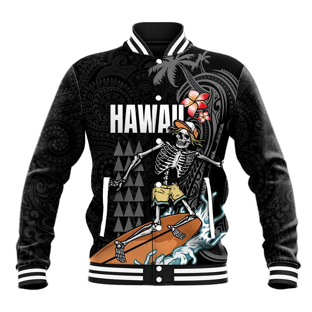 Hawaiian Halloween Skeleton Surfing Baseball Jacket Polynesian Tribal Tattoo and Hawaiian Pattern