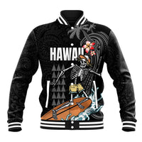 Hawaiian Halloween Skeleton Surfing Baseball Jacket Polynesian Tribal Tattoo and Hawaiian Pattern