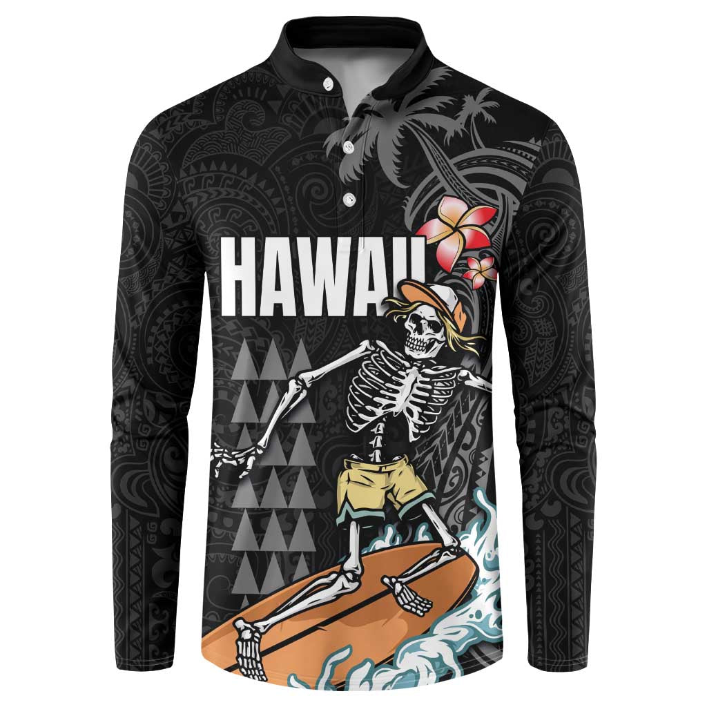 Hawaiian Halloween Skeleton Surfing Button Sweatshirt Polynesian Tribal Tattoo and Hawaiian Pattern