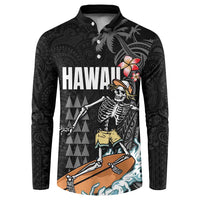 Hawaiian Halloween Skeleton Surfing Button Sweatshirt Polynesian Tribal Tattoo and Hawaiian Pattern
