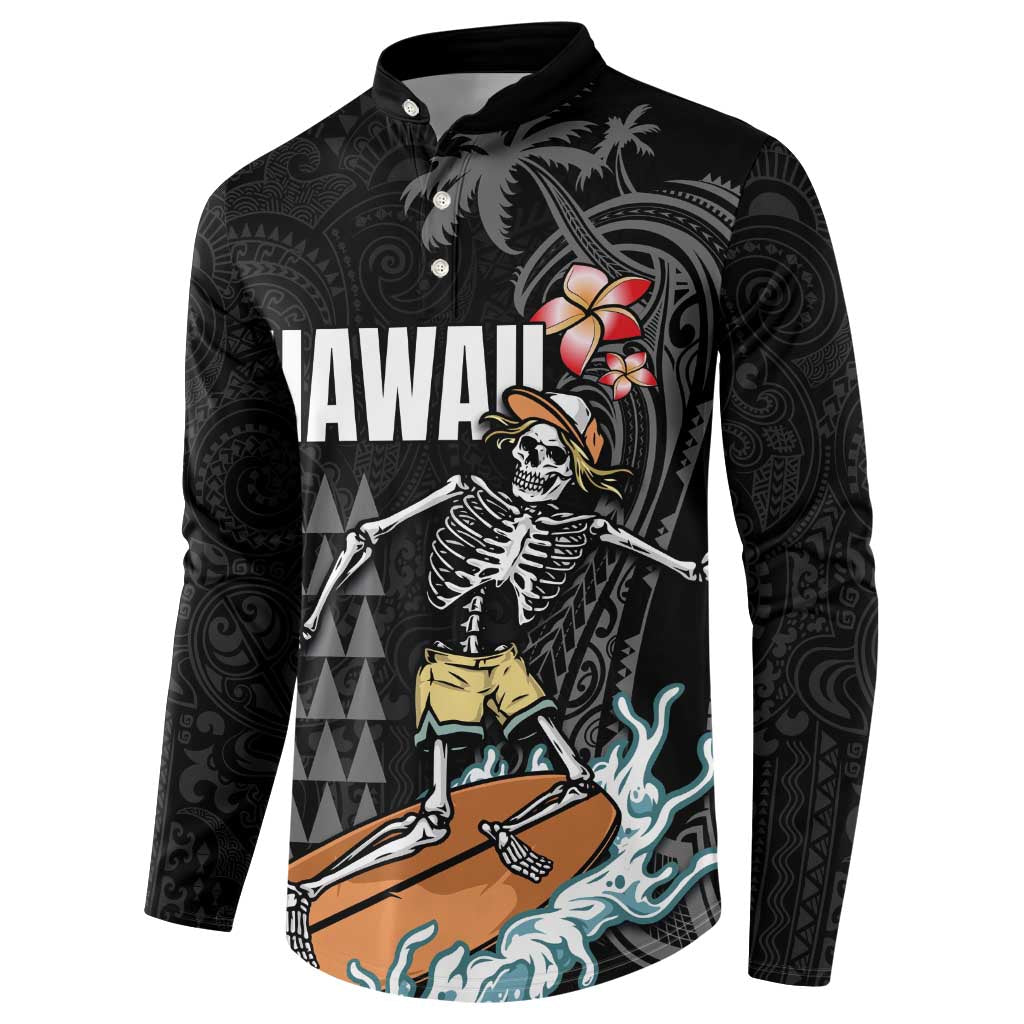 Hawaiian Halloween Skeleton Surfing Button Sweatshirt Polynesian Tribal Tattoo and Hawaiian Pattern