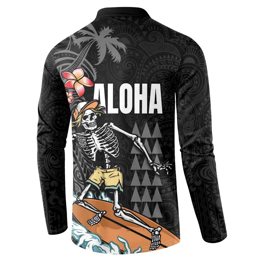 Hawaiian Halloween Skeleton Surfing Button Sweatshirt Polynesian Tribal Tattoo and Hawaiian Pattern