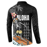 Hawaiian Halloween Skeleton Surfing Button Sweatshirt Polynesian Tribal Tattoo and Hawaiian Pattern