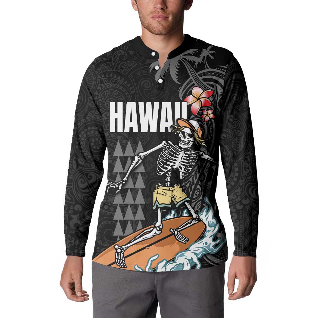 Hawaiian Halloween Skeleton Surfing Button Sweatshirt Polynesian Tribal Tattoo and Hawaiian Pattern