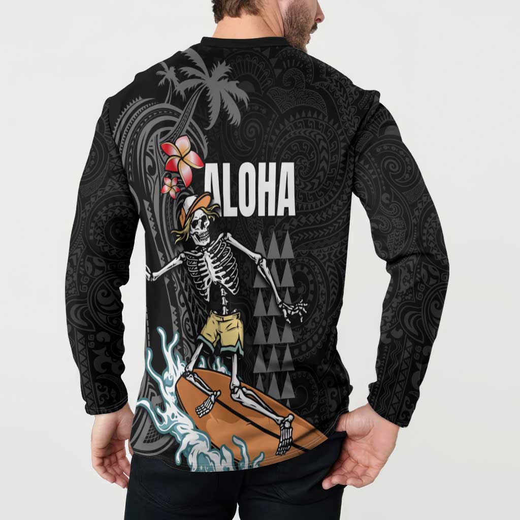 Hawaiian Halloween Skeleton Surfing Button Sweatshirt Polynesian Tribal Tattoo and Hawaiian Pattern