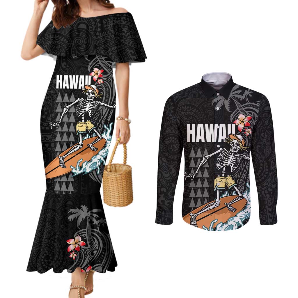 Hawaiian Halloween Skeleton Surfing Couples Matching Mermaid Dress and Long Sleeve Button Shirt Polynesian Tribal Tattoo and Hawaiian Pattern