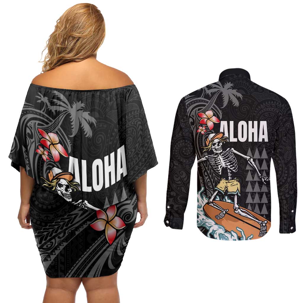 Hawaiian Halloween Skeleton Surfing Couples Matching Off Shoulder Short Dress and Long Sleeve Button Shirt Polynesian Tribal Tattoo and Hawaiian Pattern