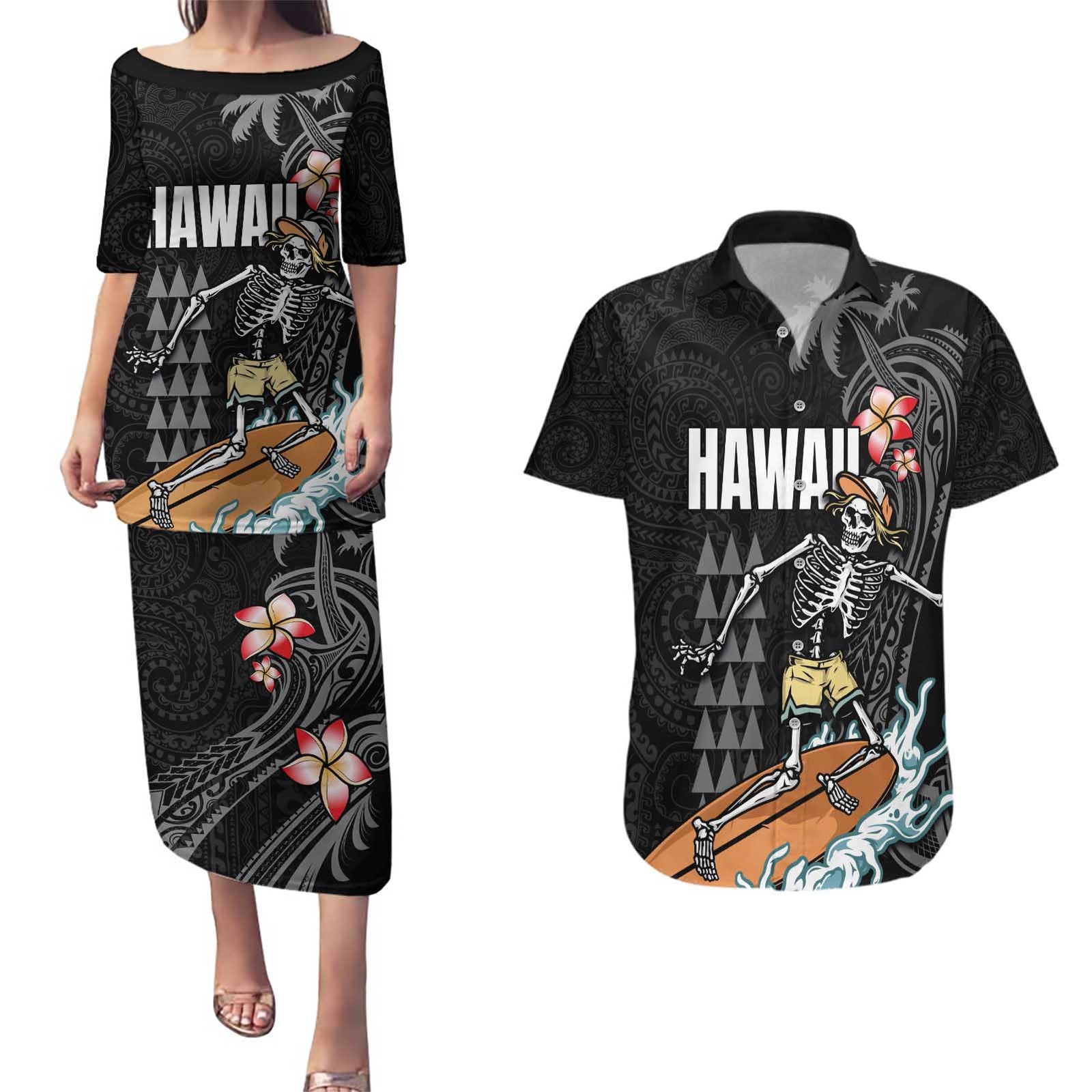 Hawaiian Halloween Skeleton Surfing Couples Matching Puletasi and Hawaiian Shirt Polynesian Tribal Tattoo and Hawaiian Pattern