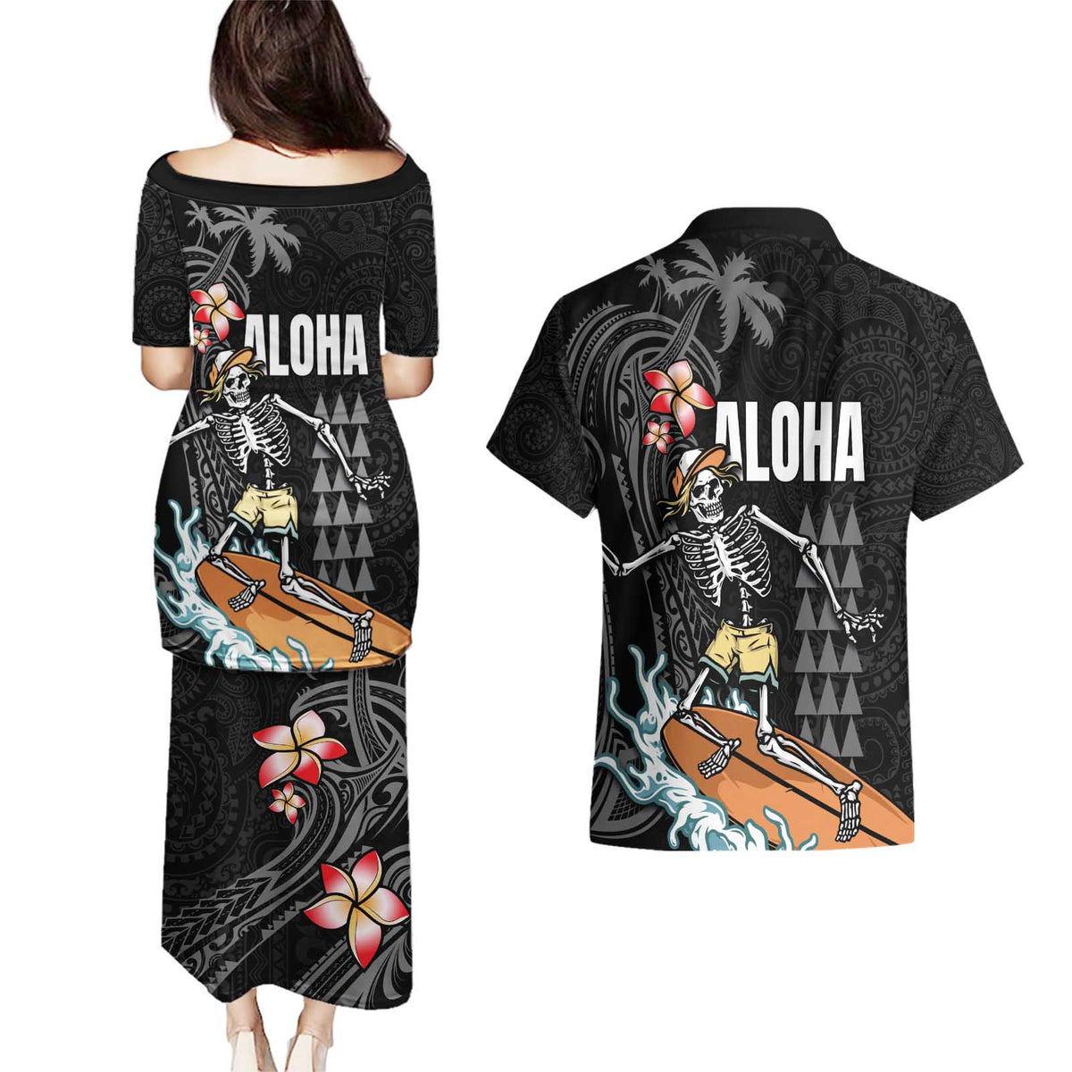 Hawaiian Halloween Skeleton Surfing Couples Matching Puletasi and Hawaiian Shirt Polynesian Tribal Tattoo and Hawaiian Pattern