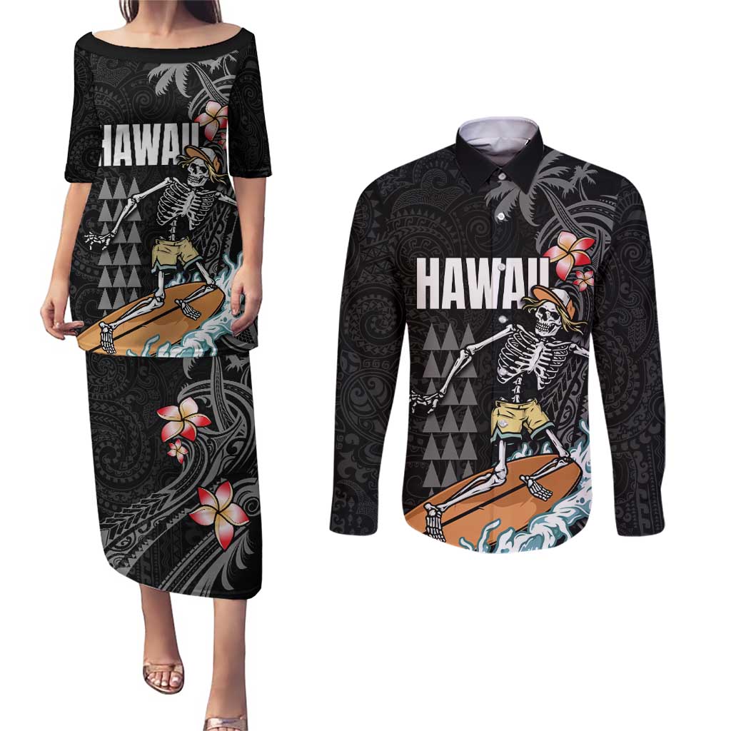 Hawaiian Halloween Skeleton Surfing Couples Matching Puletasi and Long Sleeve Button Shirt Polynesian Tribal Tattoo and Hawaiian Pattern
