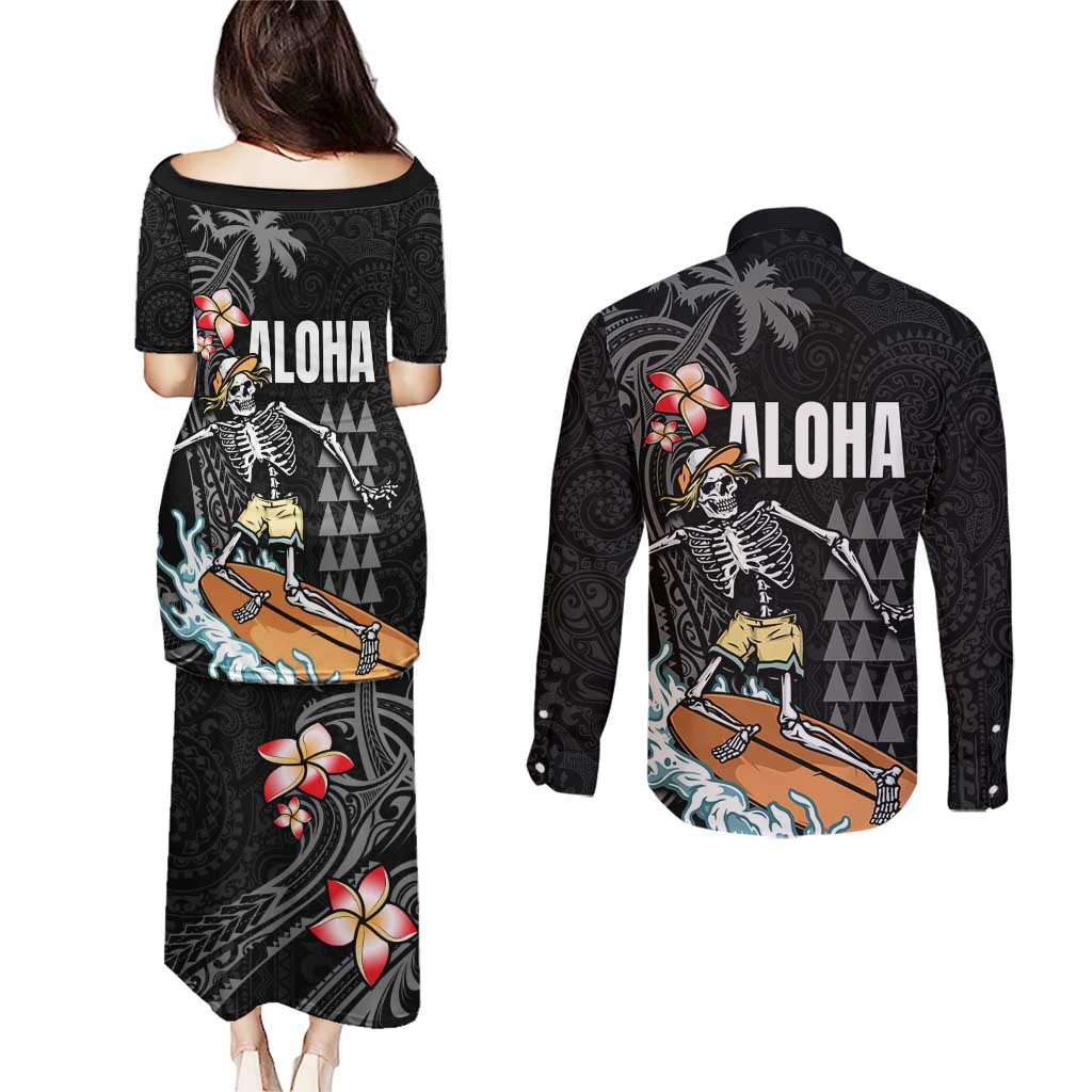 Hawaiian Halloween Skeleton Surfing Couples Matching Puletasi and Long Sleeve Button Shirt Polynesian Tribal Tattoo and Hawaiian Pattern