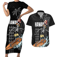 Hawaiian Halloween Skeleton Surfing Couples Matching Short Sleeve Bodycon Dress and Hawaiian Shirt Polynesian Tribal Tattoo and Hawaiian Pattern