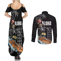 Hawaiian Halloween Skeleton Surfing Couples Matching Summer Maxi Dress and Long Sleeve Button Shirt Polynesian Tribal Tattoo and Hawaiian Pattern