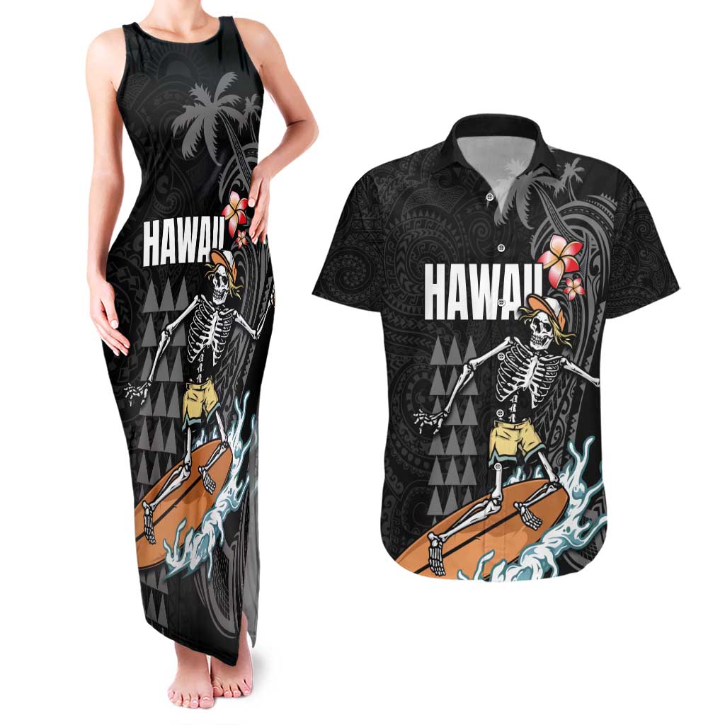 Hawaiian Halloween Skeleton Surfing Couples Matching Tank Maxi Dress and Hawaiian Shirt Polynesian Tribal Tattoo and Hawaiian Pattern
