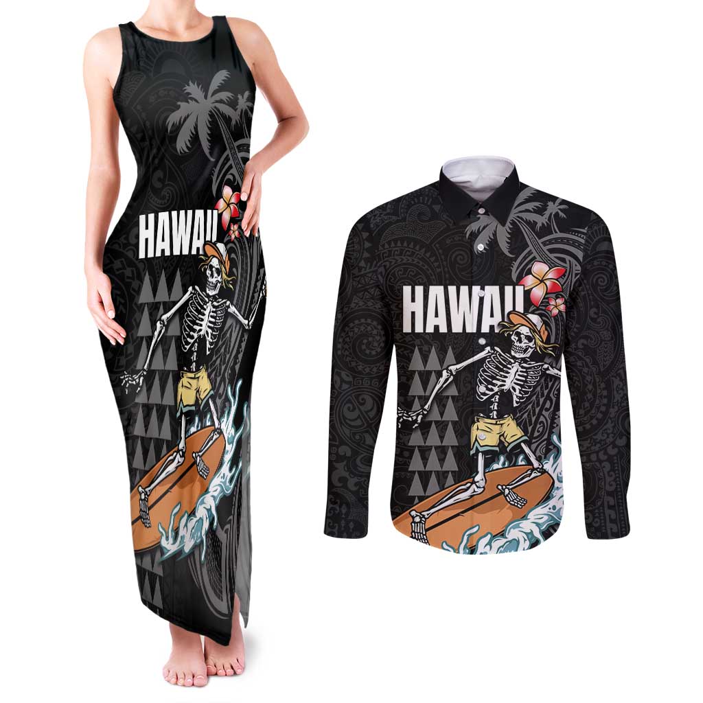 Hawaiian Halloween Skeleton Surfing Couples Matching Tank Maxi Dress and Long Sleeve Button Shirt Polynesian Tribal Tattoo and Hawaiian Pattern