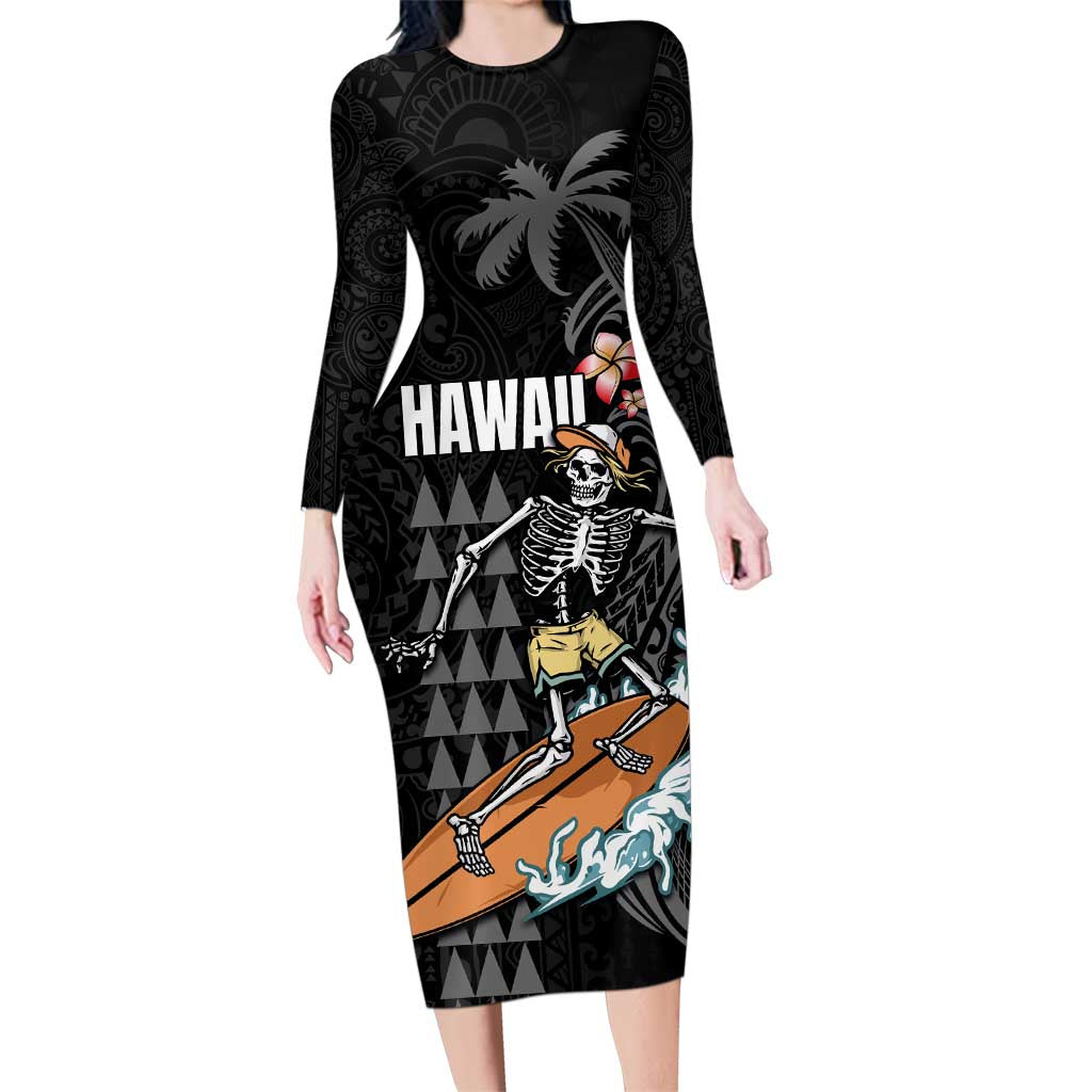 Hawaiian Halloween Skeleton Surfing Family Matching Long Sleeve Bodycon Dress and Hawaiian Shirt Polynesian Tribal Tattoo and Hawaiian Pattern LT03 Mom's Dress Black - Polynesian Pride