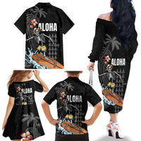 Hawaiian Halloween Skeleton Surfing Family Matching Off The Shoulder Long Sleeve Dress and Hawaiian Shirt Polynesian Tribal Tattoo and Hawaiian Pattern