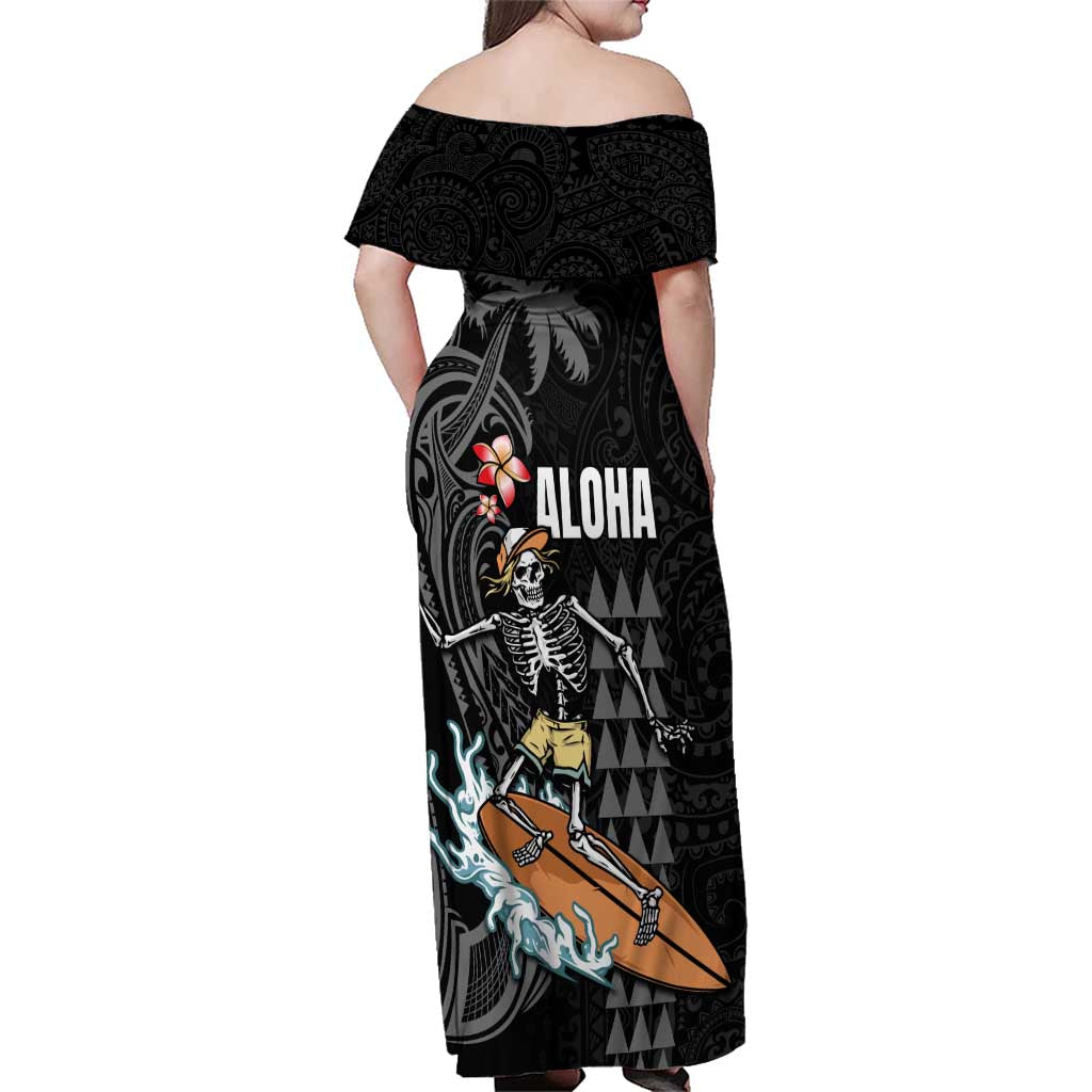Hawaiian Halloween Skeleton Surfing Family Matching Off Shoulder Maxi Dress and Hawaiian Shirt Polynesian Tribal Tattoo and Hawaiian Pattern LT03 - Polynesian Pride