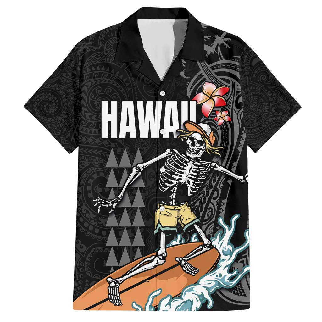 Hawaiian Halloween Skeleton Surfing Family Matching Short Sleeve Bodycon Dress and Hawaiian Shirt Polynesian Tribal Tattoo and Hawaiian Pattern LT03 Dad's Shirt - Short Sleeve Black - Polynesian Pride
