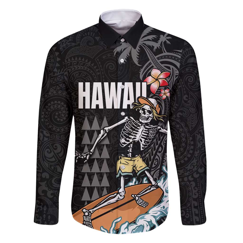 Hawaiian Halloween Skeleton Surfing Family Matching Tank Maxi Dress and Hawaiian Shirt Polynesian Tribal Tattoo and Hawaiian Pattern LT03 Dad's Shirt - Long Sleeve Black - Polynesian Pride