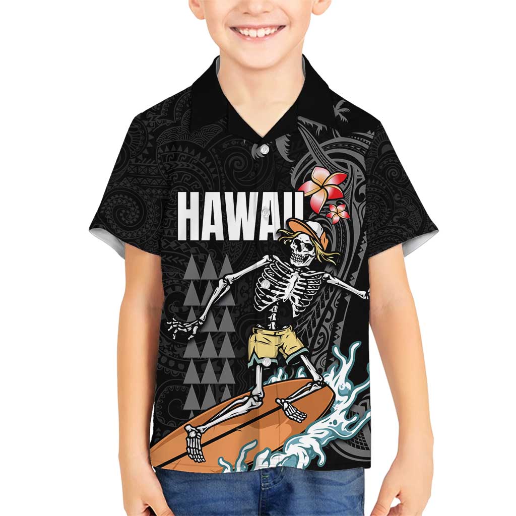 Hawaiian Halloween Skeleton Surfing Family Matching Tank Maxi Dress and Hawaiian Shirt Polynesian Tribal Tattoo and Hawaiian Pattern LT03 Son's Shirt Black - Polynesian Pride