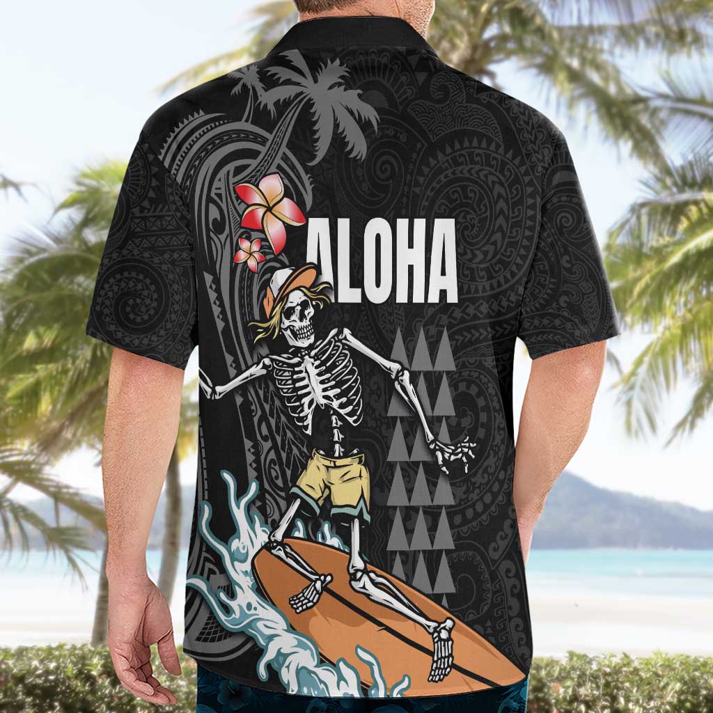 Hawaiian Halloween Skeleton Surfing Hawaiian Shirt Polynesian Tribal Tattoo and Hawaiian Pattern