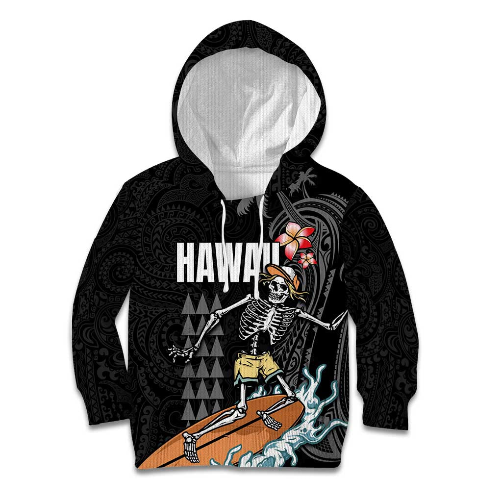 Hawaiian Halloween Skeleton Surfing Kid Hoodie Polynesian Tribal Tattoo and Hawaiian Pattern