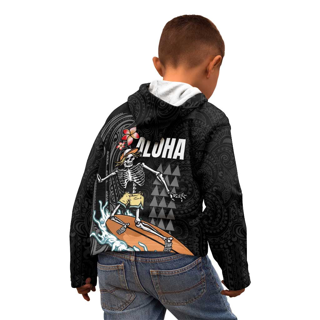 Hawaiian Halloween Skeleton Surfing Kid Hoodie Polynesian Tribal Tattoo and Hawaiian Pattern