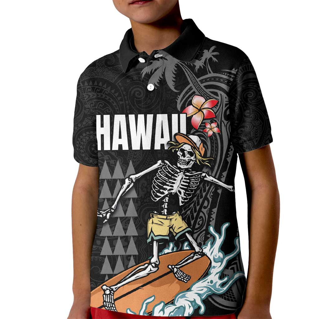 Hawaiian Halloween Skeleton Surfing Kid Polo Shirt Polynesian Tribal Tattoo and Hawaiian Pattern