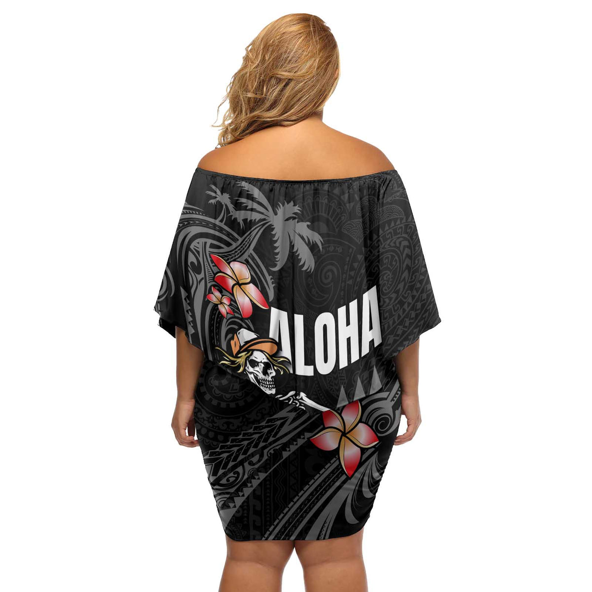 Hawaiian Halloween Skeleton Surfing Off Shoulder Short Dress Polynesian Tribal Tattoo and Hawaiian Pattern
