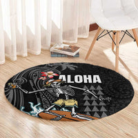 Hawaiian Halloween Skeleton Surfing Round Carpet Polynesian Tribal Tattoo and Hawaiian Pattern