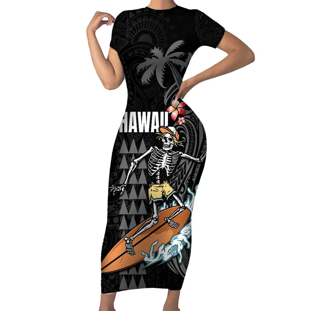 Hawaiian Halloween Skeleton Surfing Short Sleeve Bodycon Dress Polynesian Tribal Tattoo and Hawaiian Pattern