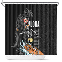 Hawaiian Halloween Skeleton Surfing Shower Curtain Polynesian Tribal Tattoo and Hawaiian Pattern LT03 Black - Polynesian Pride
